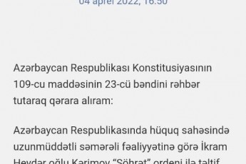 Bank Ombudsmanı İkram Kərimov ölkə başçısına təşəkkür məktubu yazmışdır